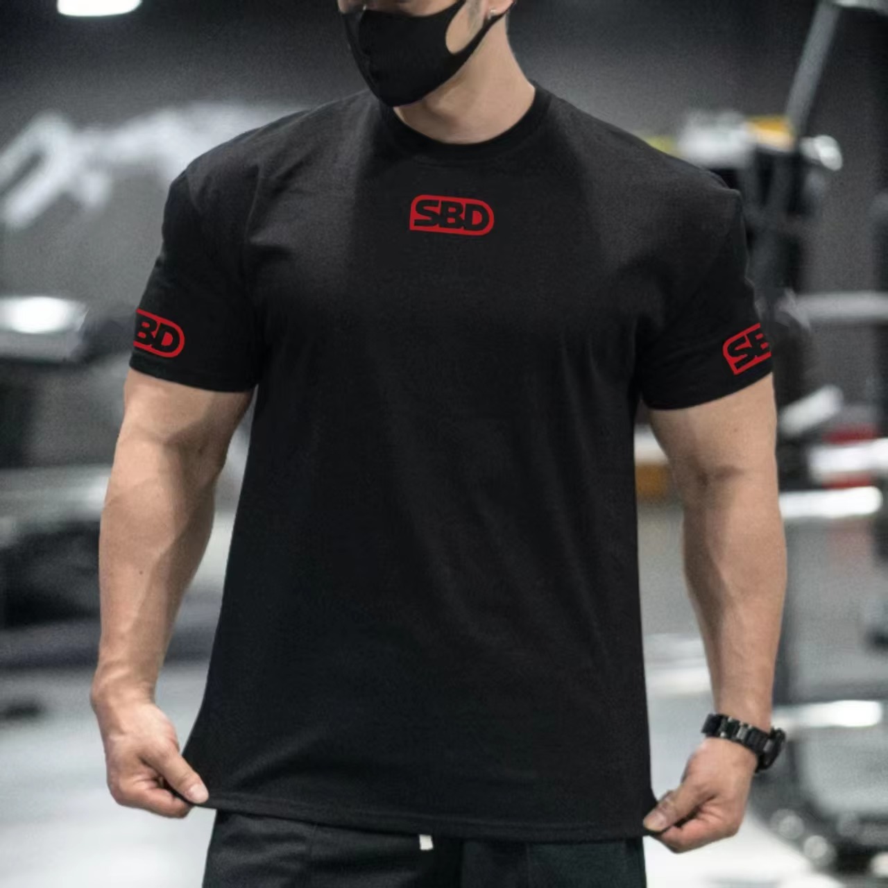 Streetwear Brand Red Logo - SBD 파워리프팅 트레이닝용 검은색 티셔츠, 빨간색